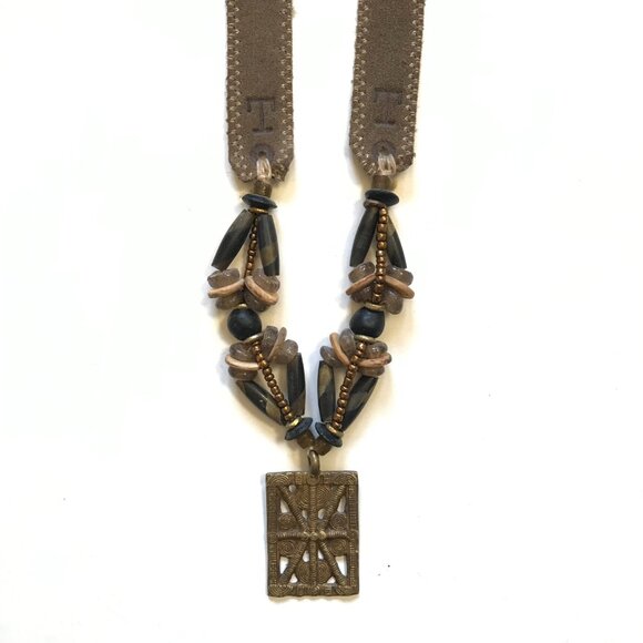 Twine & Twig Medallion Tribal Beaded Necklace Womens Suede Strap Brown Bronze - Picture 2 of 11